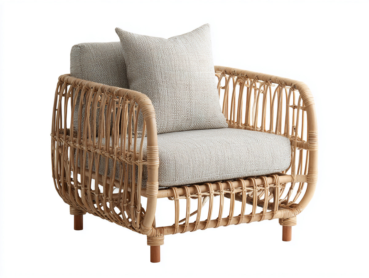 Sillón de ratán 80x80x75 cm - Estructura de ratán color natural con cojines beige - Diseño exterior moderno y elegante