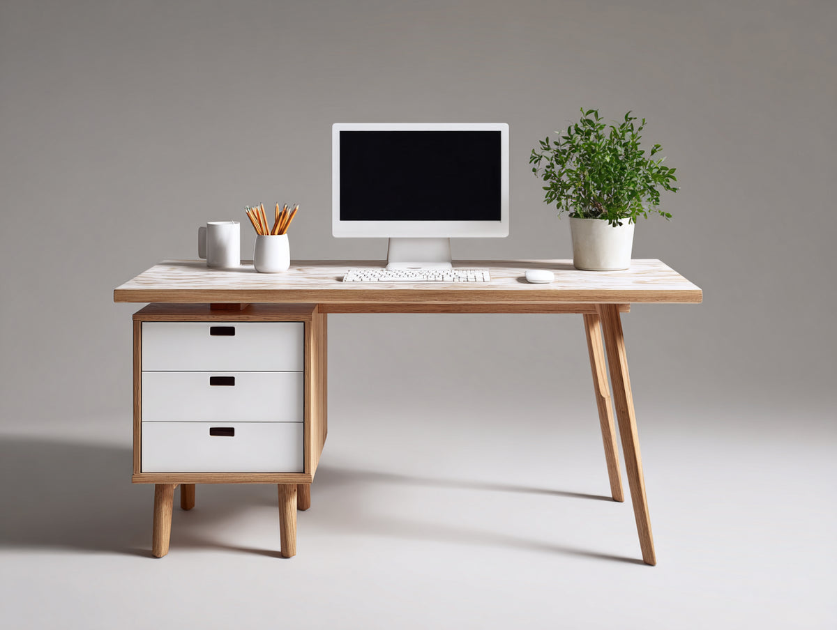 Mesas de oficina escritorio de madera 140x60x75 cm blanco y madera natural con cajonera de 3 cajones estilo moderno