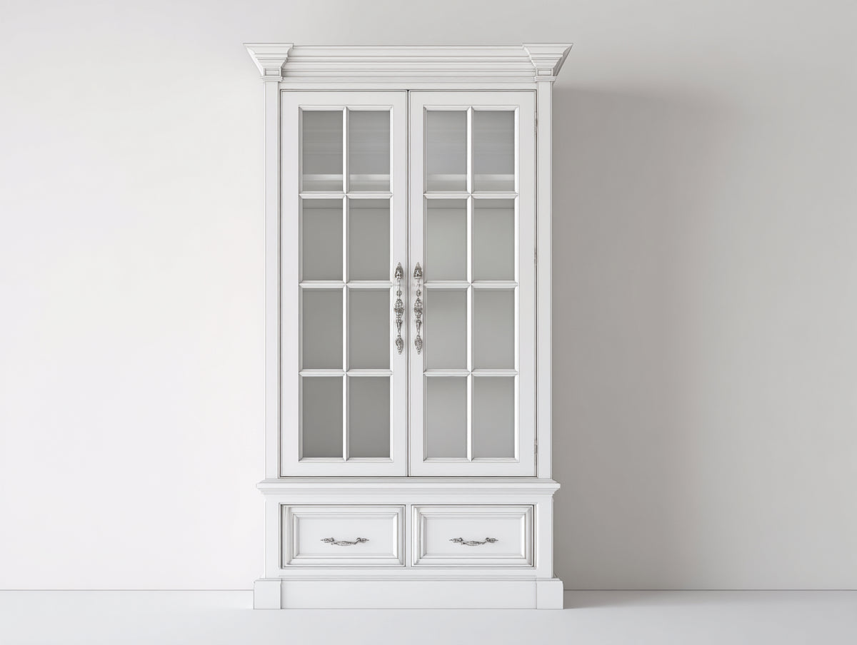 Estanterías de madera 120 x 45 x 220 cm - Blanco - Diseño clásico con 2 puertas de cristal y 2 cajones