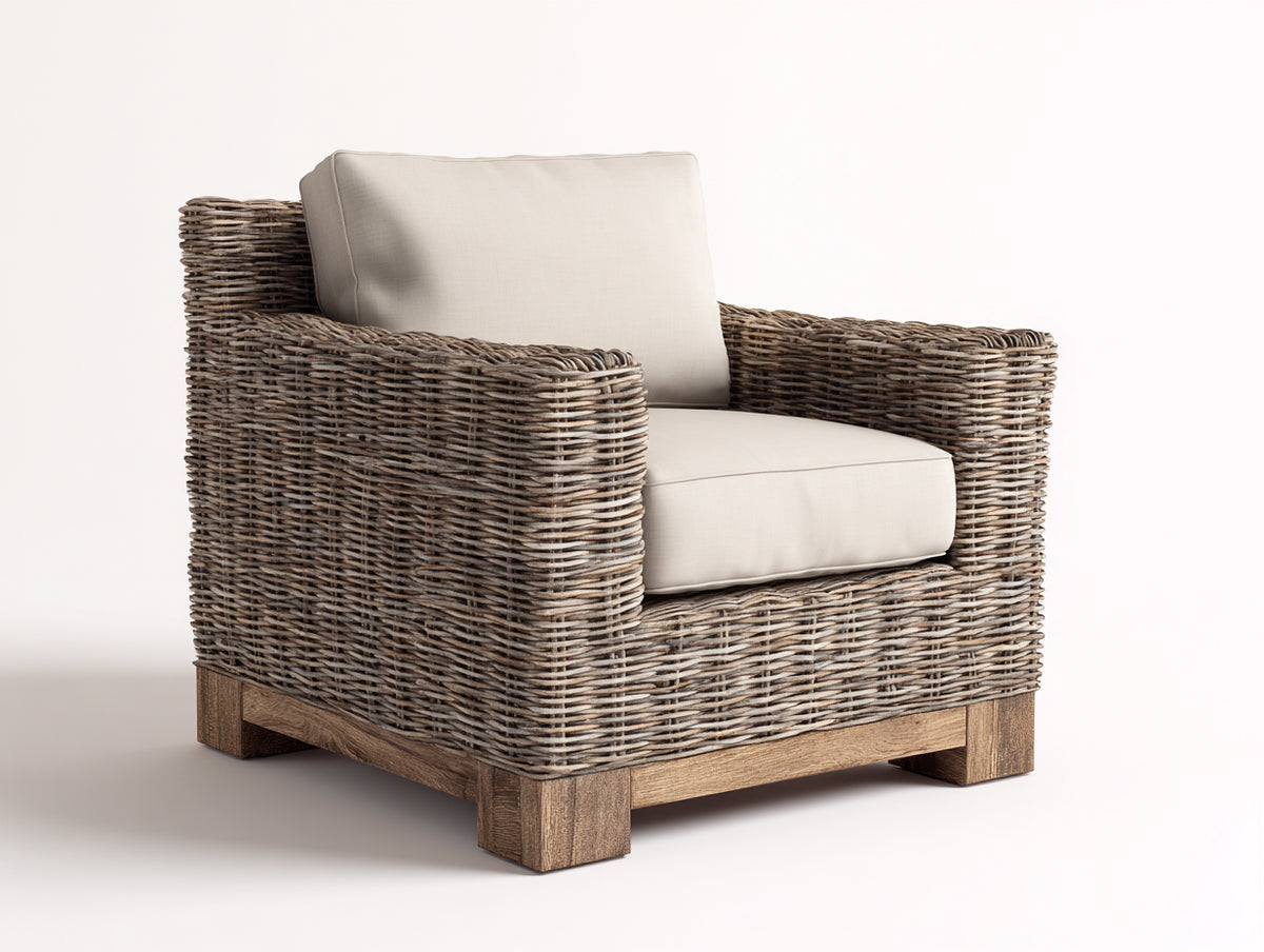 Sillones de ratán de exterior 90x85x75 cm con estructura tejida y cojín beige - Diseño natural para jardín y terraza