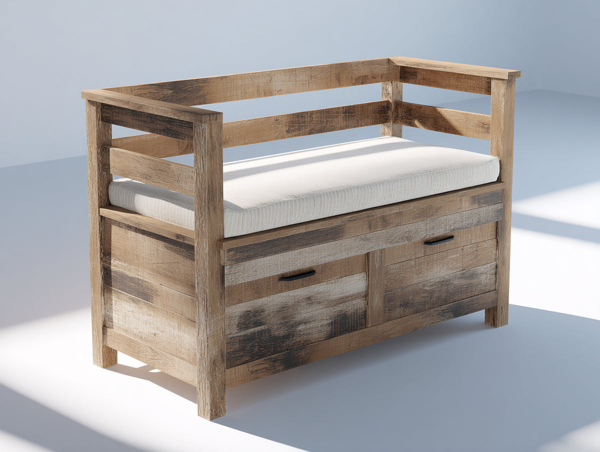 Bancos de jardín de madera con almacenamiento y cojín acolchado 150 x 60 x 85 cm - color natural y blanco - diseño funcional para exterior