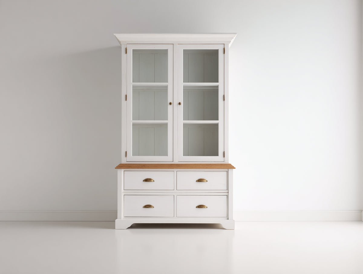 Estantería de madera 120x40x200 cm blanca con 2 puertas de cristal y 4 cajones estilo clásico