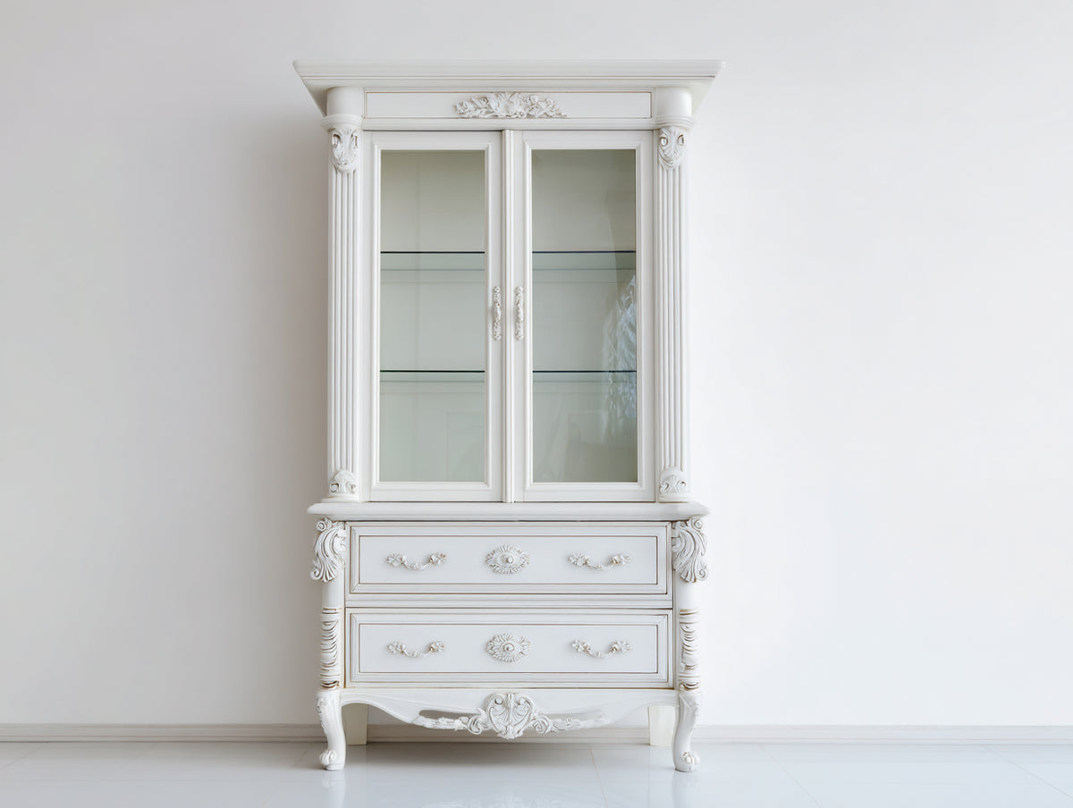 Estanterías de madera 100 x 40 x 200 cm - Blanco - Diseño clásico con 2 puertas de cristal y 2 cajones
