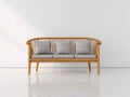 Bancos de jardín de madera 180x70x85 cm color madera natural con respaldo y cojines grises estilo moderno