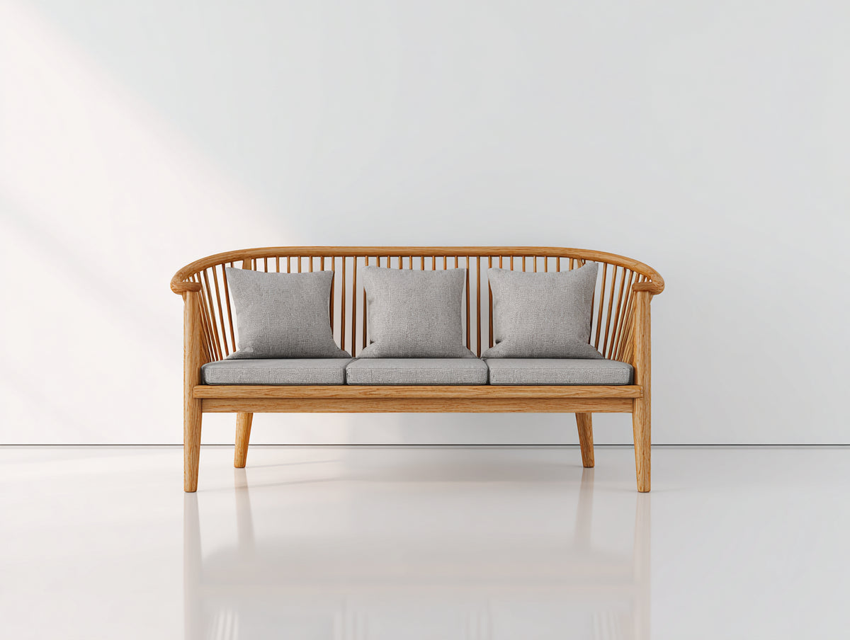 Bancos de jardín de madera 180x70x85 cm color madera natural con respaldo y cojines grises estilo moderno