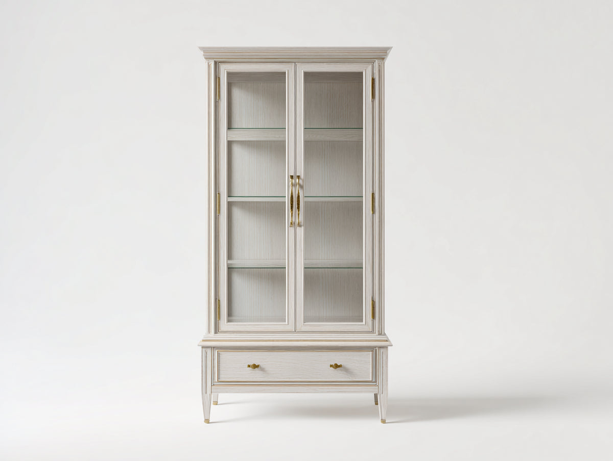 Estanterías de madera 100 x 40 x 210 cm - Blanco - Diseño clásico con 2 puertas de cristal y 1 cajón