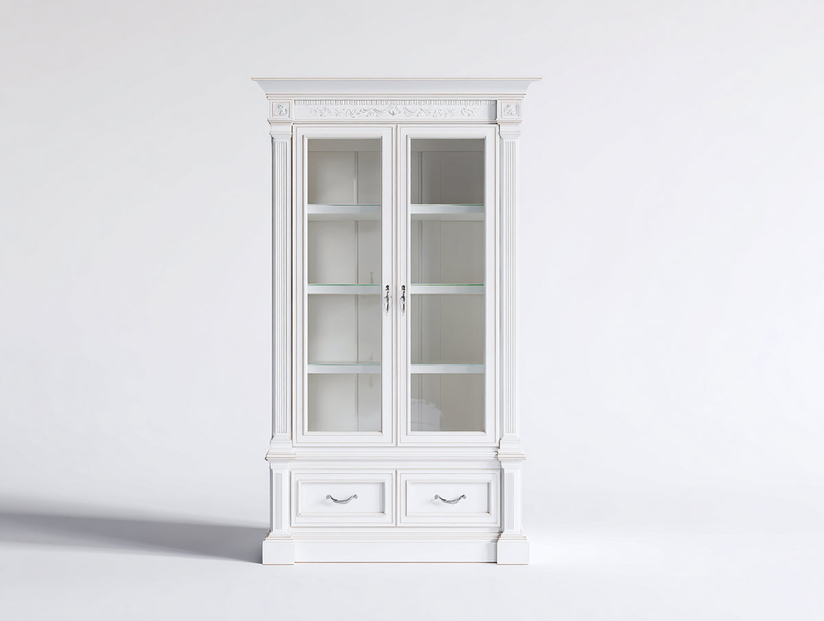 Estanterías de madera con 2 puertas de vidrio y 2 cajones 100 x 40 x 200 cm - color blanco - diseño clásico para salón