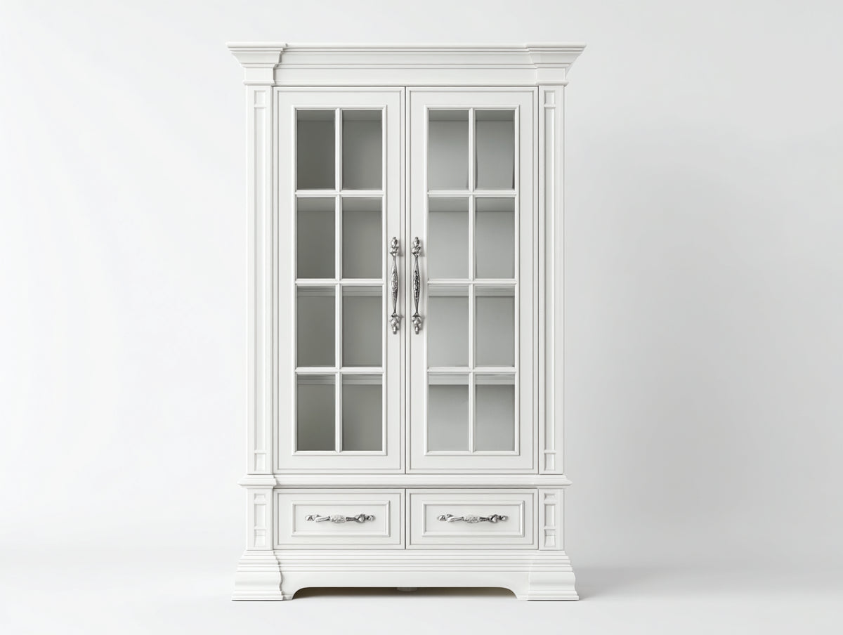 Estanterías de madera 120x40x200 cm - Acabado blanco con puertas de vidrio - Diseño clásico con 2 cajones inferiores