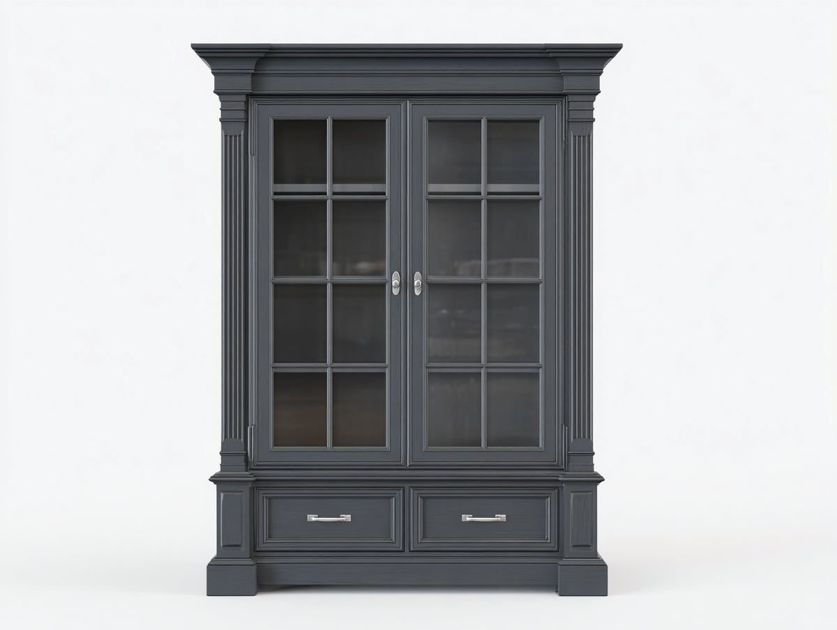 Estantería de madera 120x40x200 cm gris con 2 puertas de cristal y 2 cajones estilo clásico
