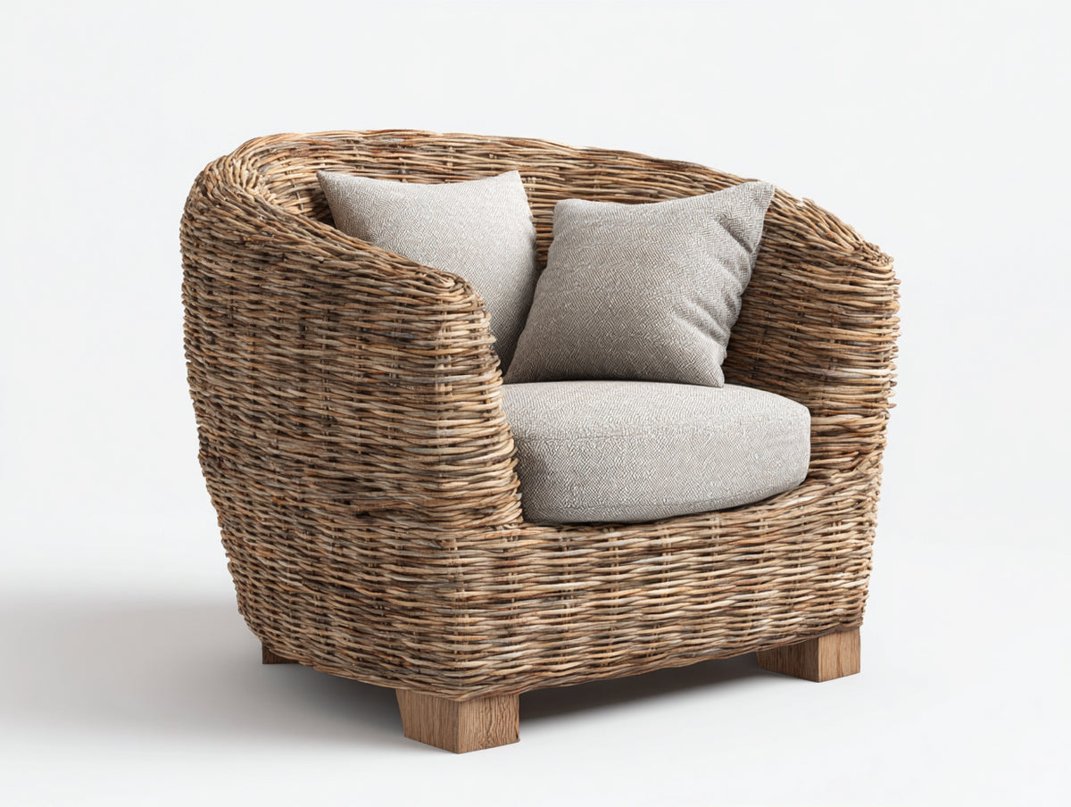 Sillones de ratán con cojines acolchados 90 x 85 x 80 cm - color natural y beige - diseño moderno para exterior