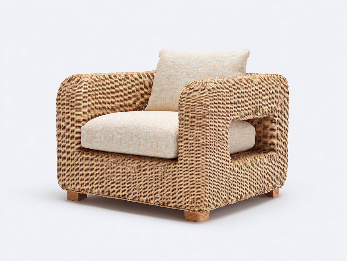 Sillón de ratán 90x85x75 cm - Estructura trenzada en color natural con cojín blanco - Diseño moderno y confortable para exterior